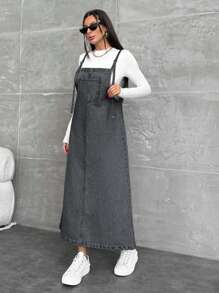 EURMUSE WOMEN LONG DENIM DRESS POCKET DETAILED - Light Grey - View 4
