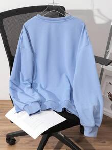 Muchica Áo nỉ dài tay rộng in họa tiết nơ ren trắng tối giản giản dị dành cho nữ, phù hợp cho mùa thu đông - Màu xanh bụi bặm - Xem 3