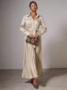 COSMINA Robe chemise longue pour femmes en satin élégant de couleur unie avec poche pliable, ourlet plissé et ceinture, printemps/automne - Nude - Voir 4