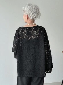 FRIFUL Women's V-Neck Loose Comfortable Solid Color Lace Blouse Long Sleeve Women Tops - Black - View 4