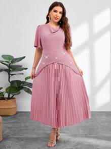 Modelyn Váy xếp ly đính đá pha lê thanh lịch cỡ lớn mùa hè - Màu tím hoa cà - Xem 4