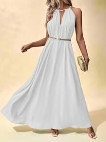 Breezaya Đầm yếm trơn màu cho nữ kèm chân váy bồng bềnh đi nghỉ dưỡng & đi biển - trắng - Xem 4