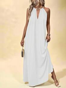 Breezaya Đầm yếm trơn màu cho nữ kèm chân váy bồng bềnh đi nghỉ dưỡng & đi biển - trắng - Xem 5