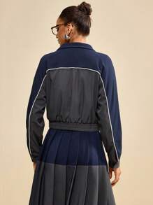 Muvela Chaqueta sofisticada de estilo universitario retro con contraste de color, adecuada para otoño, temporada de vuelta al colegio, salidas diarias, estilo campus, viajes, aeropuerto, deportes vintage, elegante