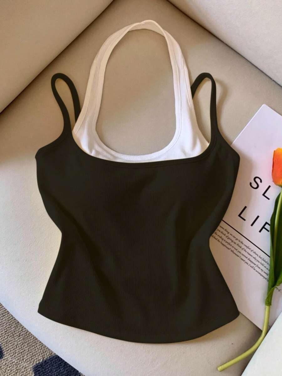 INAWLY Camiseta de verano informal de talla grande de 2 en 1 sin mangas con bloqueo de color - Negro - Ver 1