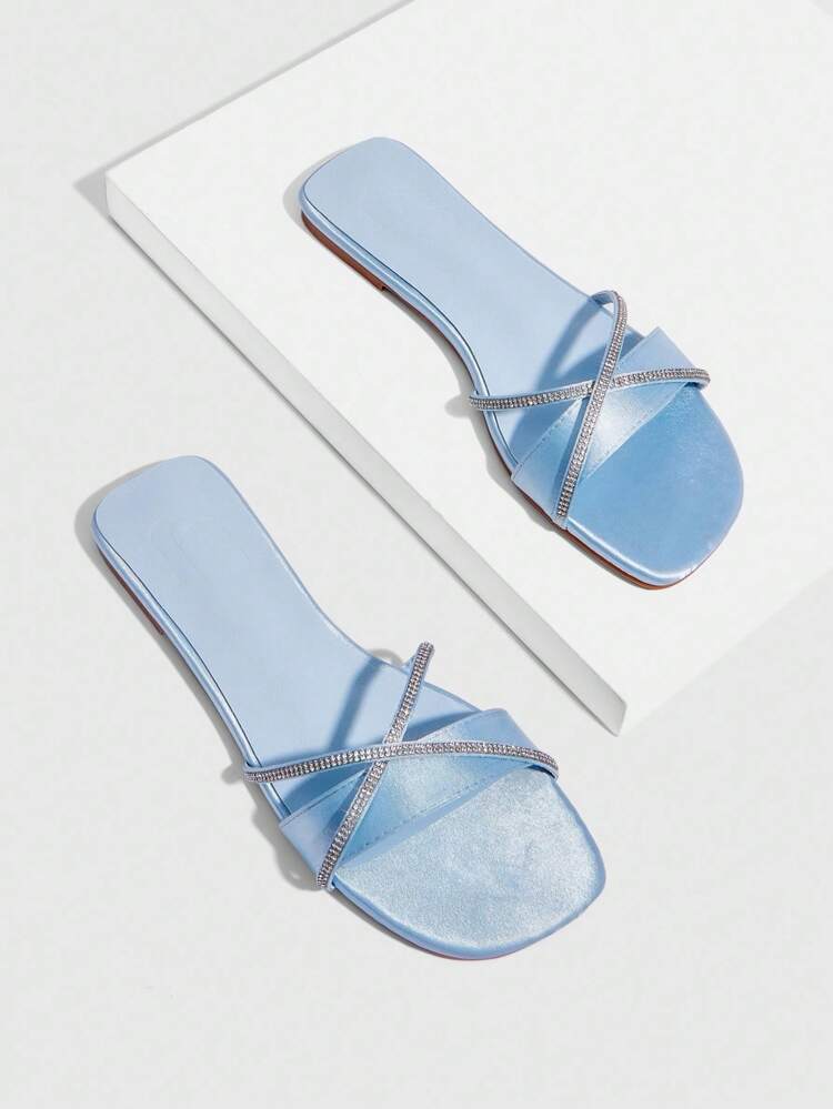 CUCCOO SZL Women's Blue Satin Criss-Cross Silver Rhinestone Square Toe Comfortable Flat Sandals