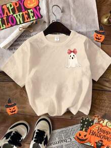 SHEIN 1 件年轻女孩休闲南瓜蝴蝶结和鬼魂印花宽松短袖 T 恤，时尚可爱，适合万圣节和夏季 - 米色 - 查看 2