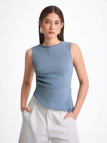 Daynim 女式休闲圆领无袖牛仔蓝色上衣 - 淺色水洗藍 - 查看 3