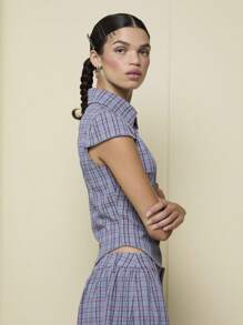 COUREZ 纹理短袖修身衬衫 / Y2K 度假装扮 女装 夏季外出装扮 可爱 - 灰色 - 查看 4