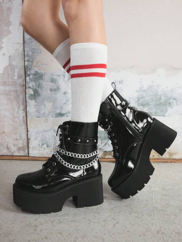 Sugerpunk Ghete de damă cu toc gros și platformă, stil punk la modă, cu lanț metalic gotic negru și decor cu nituri, cizme de luptă cu platformă