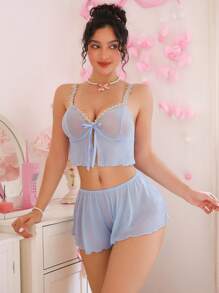 PetitDoll Bộ đồ lót nữ lưới mỏng trang trí thêu hoa 2 món - Màu xanh nhạt - Xem 4