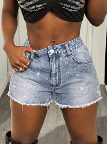 BamGleam Women's Casual Fashion Denim Shorts With Pockets And Rhinestone Embellishment - Blue - View 4