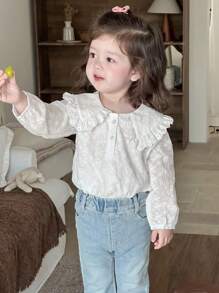 Dazy Kids 女婴蕾丝蝴蝶结休闲长袖上衣，幼儿秋装 - 白色 - 查看 4