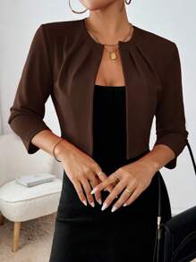 SHEIN Essnce 女士优雅纯色短款夹克，适合秋冬通勤 - 咖啡棕 - 查看 3