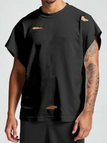 Claim Dot Camiseta de tirantes casual de unicolor con efecto desgastado para hombre, oversize, camiseta de verano oversize para hombre, camiseta holgada para hombre, camiseta de hombre con hombros caídos, camiseta de hombre con mangas recortadas
