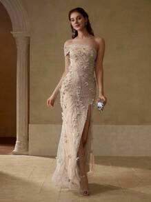 MOTF Soiréza FLORAL EMBROIDERED SPLIT THIGH FORMAL DRESS - Apricot - View 1