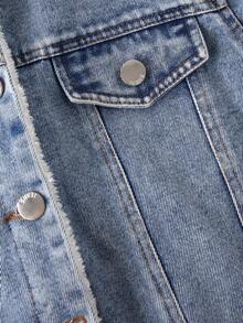 SHEIN Pre-Teen Boys' Vintage Blue Washed Relaxed Fit All-Match Denim Jacket With Faux Fur Collar & Lining, Simple & Fashionable Versatile Casual Outerwear Suitable For Autumn & Winter Fall - Medium Wash - View 7