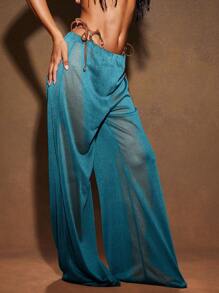 Hauture Women's Summer Vacation Cover Up Soft Shine And Sheer Simple Pant - Blue - View 4