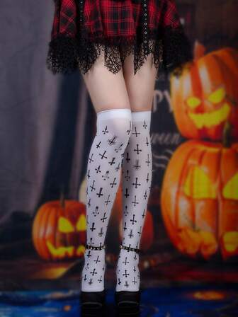 Grunge Punk Calcetines de estilo punk de Halloween con estampado cruzado aleatorio hasta la rodilla, calcetines casuales personalizados de estilo Y2K que llegan sobre la rodilla, adecuados para fiestas, reuniones y eventos sociales