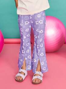 SHEIN Young Girl Casual Floral Printed Split-Design Flare Pants Set, Comfortable ,Back To School Season, Christmas