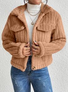 EMERY ROSE 女式休闲街头时尚纯色宽松落肩翻盖细节羊毛夹克，秋冬 - 卡其色 - 查看 3