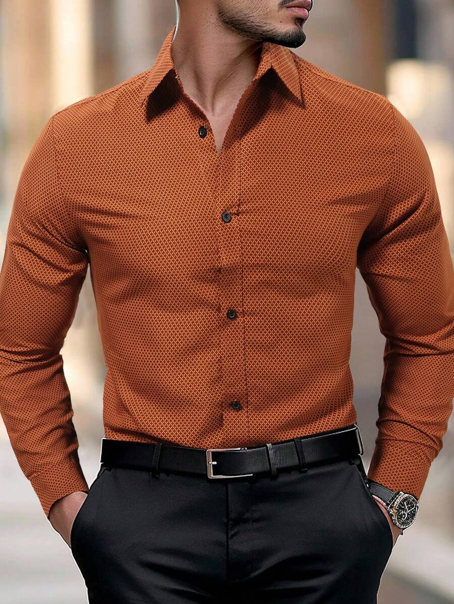 Calvornis Men's Long Sleeve Allover Print Button-Front Casual Business Shirt, Fall, Formal, Ceremony - Khaki - View 1