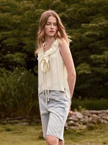 Lumivelle Elegant Flouncing Sleeveless Blouse, Solid Color, Summer - Apricot - View 5