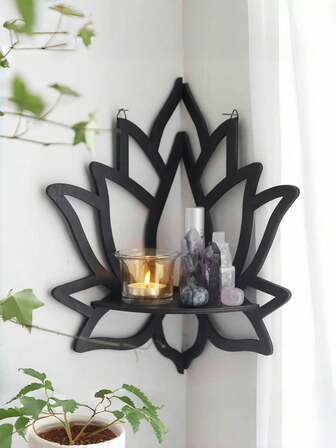 Goth 1 pezzo Mensola da parete in legno scolpita a forma di loto, decorazione murale minimalista, organizer domestico bohémien, mensola country per camera da letto e soggiorno, arredamento per la casa