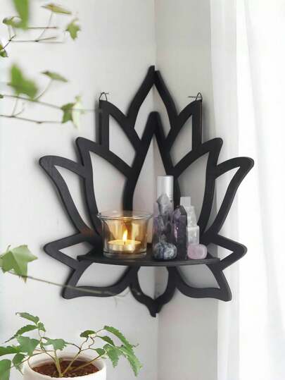 Goth حامل خشبي منحوت بشكل وردة اللوتس للتخزين والتنظيم، ديكور جداري بسيط، منظم منزلي بوهيمي، رف فارمهاوس للغرفة والصالة، ديكورات منزلية