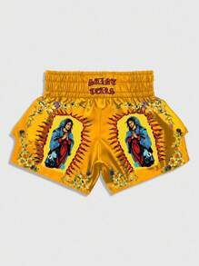 ROMWE MEN Street Life 男士休闲动漫印花松紧腰平角短裤 - 金色 - 查看 1