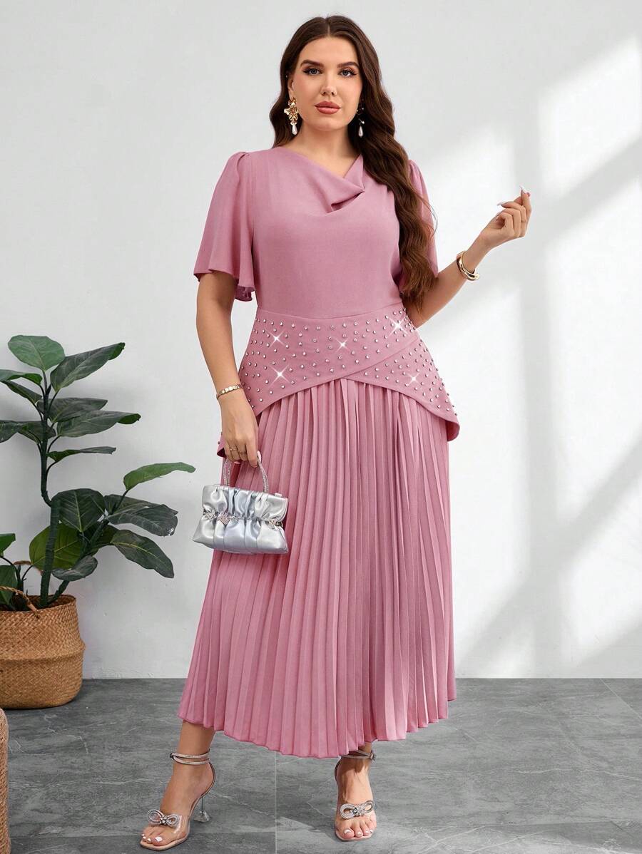 Modelyn Váy xếp ly đính đá pha lê thanh lịch cỡ lớn mùa hè - Màu tím hoa cà - Xem 1