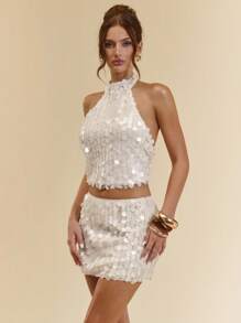 SHEIN BAE 夏秋季女式亮片闪粉露背无袖上衣和中低腰迷你裙，女士两件套，亮片两件套西装，女士两件套西装，适合鸡尾酒会、度假、活动、夜总会、派对、音乐节、全白派对装 - 杏色 - 查看 6