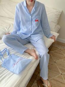 青少年女孩简约时尚休闲浅蓝色开衫和条纹刺绣长袖上衣配裤子睡衣套装蓝色条纹睡衣套装可爱睡衣套装纽扣睡衣套装浅蓝色睡衣女士睡衣套装 - 淺藍色 - 查看 5