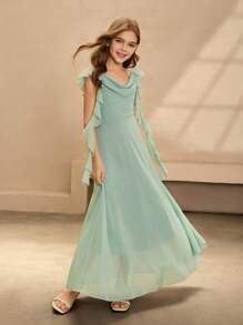 优雅花童裙，薄荷绿雪纺无袖细肩带领口长裙，时尚大摆公主裙，适合婚礼和正式场合