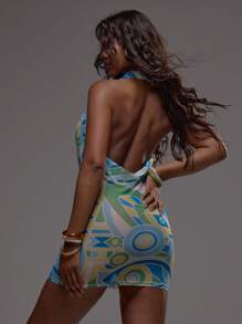 MUSERA Plunge Draped Halterneck Sheer Print Fitted Mini Dress Cover Up Ibiza Sexy Vacation Holiday Spring Summer Festival Beachwear Romantic Elegant Birthday Swim Date Night, Night Out, Birthday