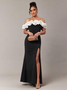 Silquee Vestido de mujer con abertura alta y hombros descubiertos en contraste - Negro - Ver 4