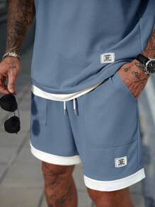 Manfinity CasualCool Men's Casual Letter Patched Round Neck Tank Top And Shorts Set, Summer Blue Two Piece Set Men, Cozy Outfits - Dusty Blue - View 3