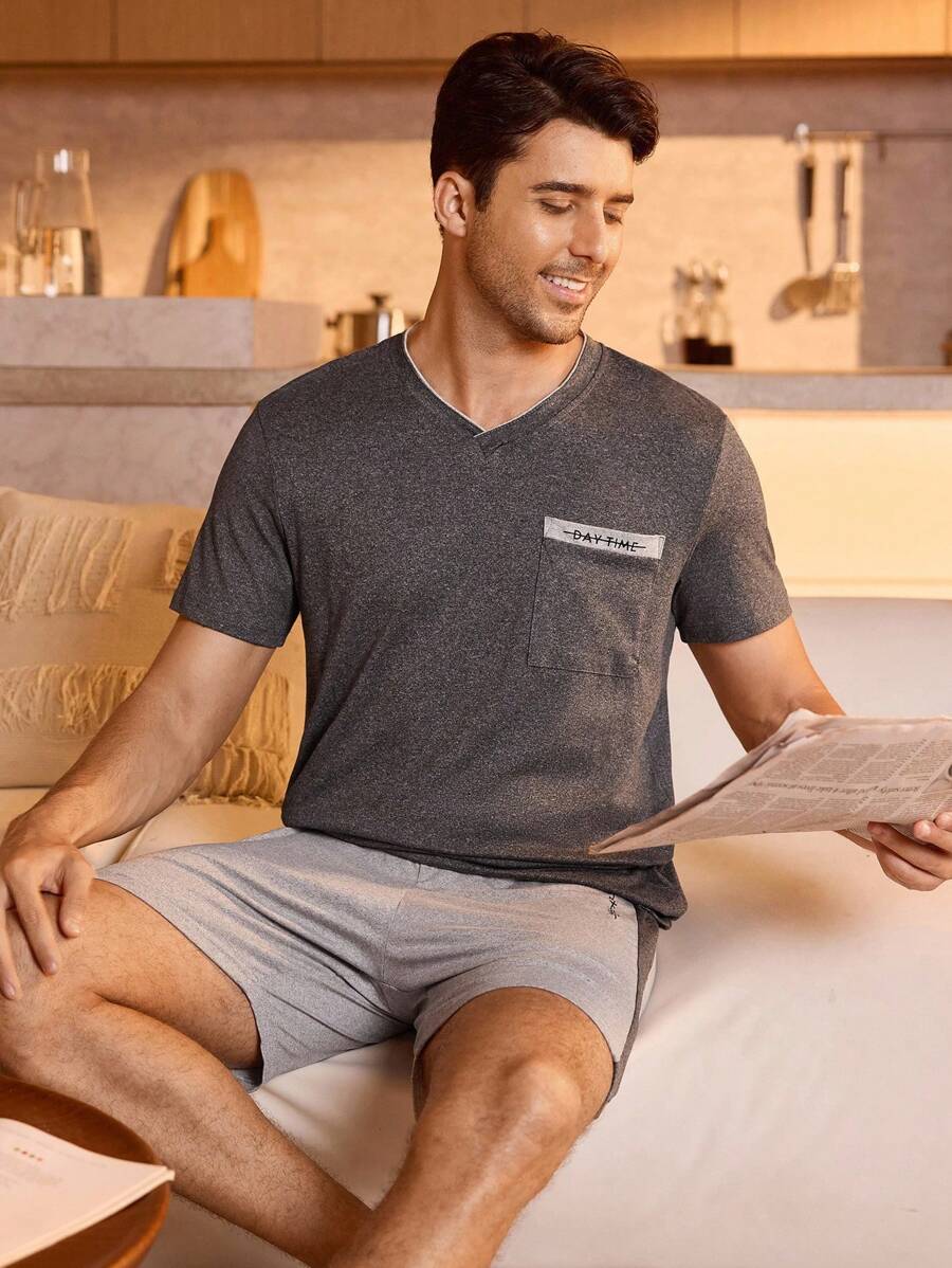 Manfinity Underwear&Sleepwear Basics Men Contrast Panel Pocket Patched PJ Set / Pajama Set - Multicolor - View 1