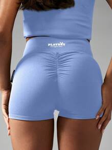 Missguided x Playboy 高腰褶皱短裤瑜伽运动健身弹力健身短裤修身舞蹈跑步运动性能服紧身塑身衣 - 藍色 - 查看 3