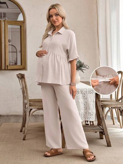 SHEIN 2pcs Solid Color Loose Maternity Long Shoulder Sleeve Nursing Top Set