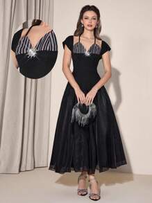 Poshira 女士优雅派对条纹拼接水钻装饰长裙中长款鸡尾酒会礼服黑色优雅连衣裙中长款正式连衣裙 1920 年代复古连衣裙咆哮的 20 年代连衣裙，女士时尚休闲秋季服装，可爱复古端庄女士服装，返校学校服装，返校连衣裙，女士教师服装 - 黑色 - 查看 2