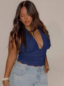 Aralina Áo thun nữ mùa hè cổ yếm viền ren viền cong cỡ lớn dễ thương co giãn - Màu xanh hải quân - Xem 7