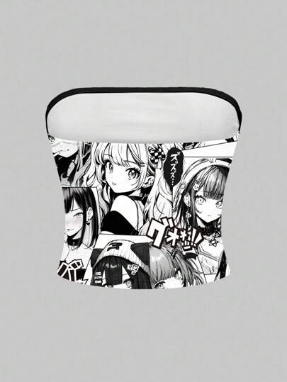 Anime Plus Size Women Sexy Strapless Cartoon Manga Girl Graphic Bandeau Top