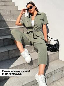 SHEIN EZwear 大码休闲简约军绿色工装连体裤