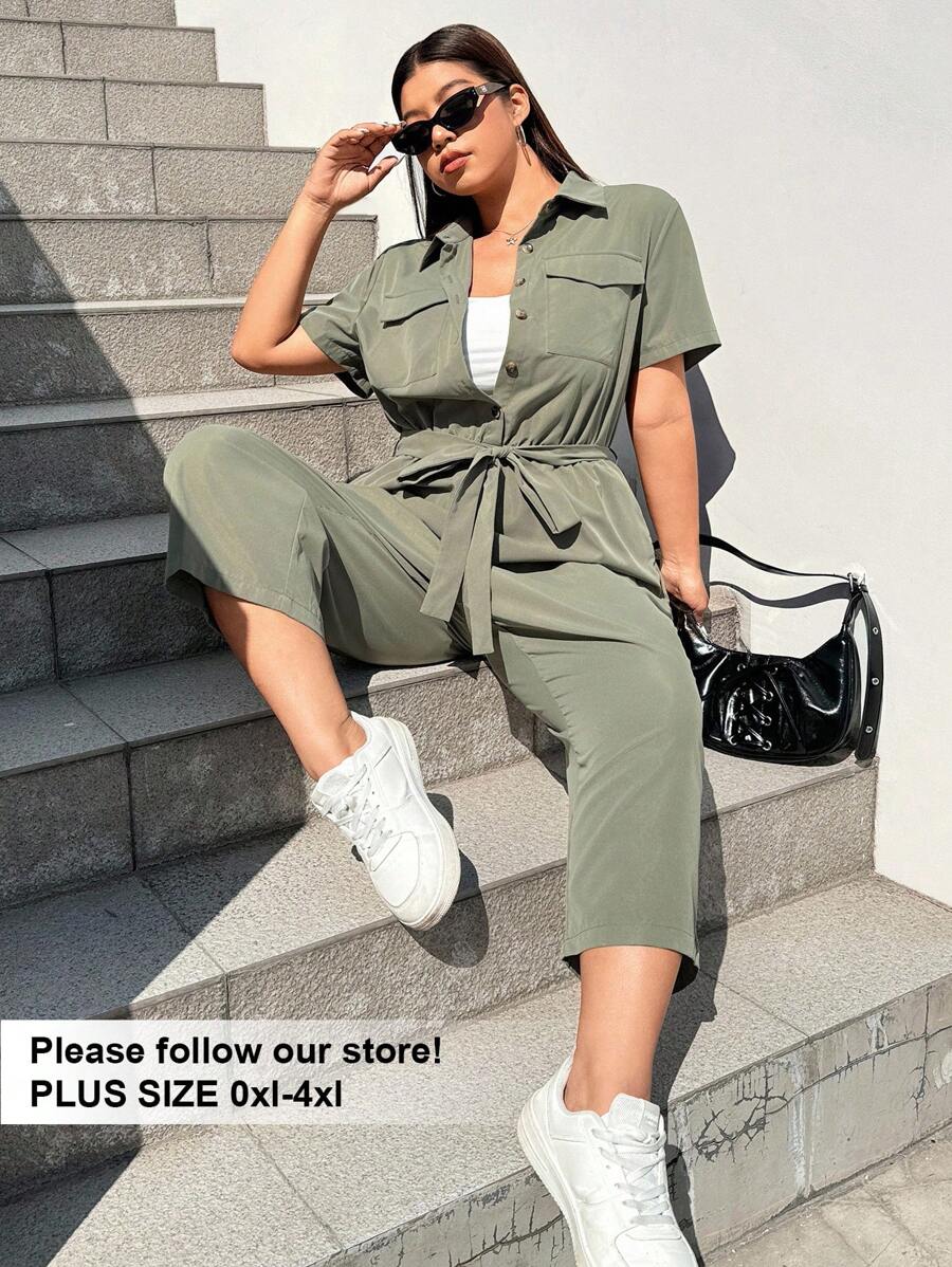 SHEIN EZwear 大码休闲简约军绿色工装连体裤