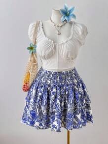 Sunspun Chân váy xếp nếp in họa tiết cỡ lớn, mùa hè - Nhiều màu - Xem 1