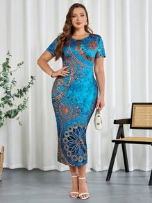 SHEIN Clasi 优雅大码女式花卉印花中长连衣裙，休闲夏季紧身连衣裙女式夏季服装 - 彩色 - 查看 6