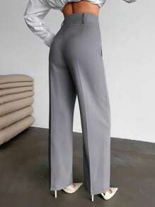 EURMUSE Women Pocket Detailed Long High Waist Elegant Woven Pants - Grey - View 2