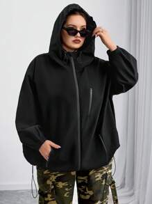 SHEIN CURVE+ Curves 大码/学校服装/返校服装/返校女士大码落肩抽绳拉链连帽夹克，女士秋装、冬季、CURVE PLUS - 黑色 - 查看 4