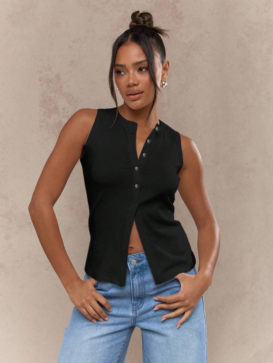 MISSGUIDED 时尚纽扣开衩无袖吊带背心，适合办公室、职场、商务休闲夏季穿着，专业上衣 - 黑色 - 查看 1